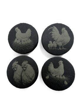 Slate Chicken Coasters Round Rustic Farmhouse Décor Set of 4